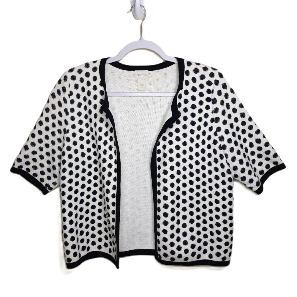 Chico's Cotton Sandra Polka Dot Open Front Cardigan Sweater M(8) Office Preppy